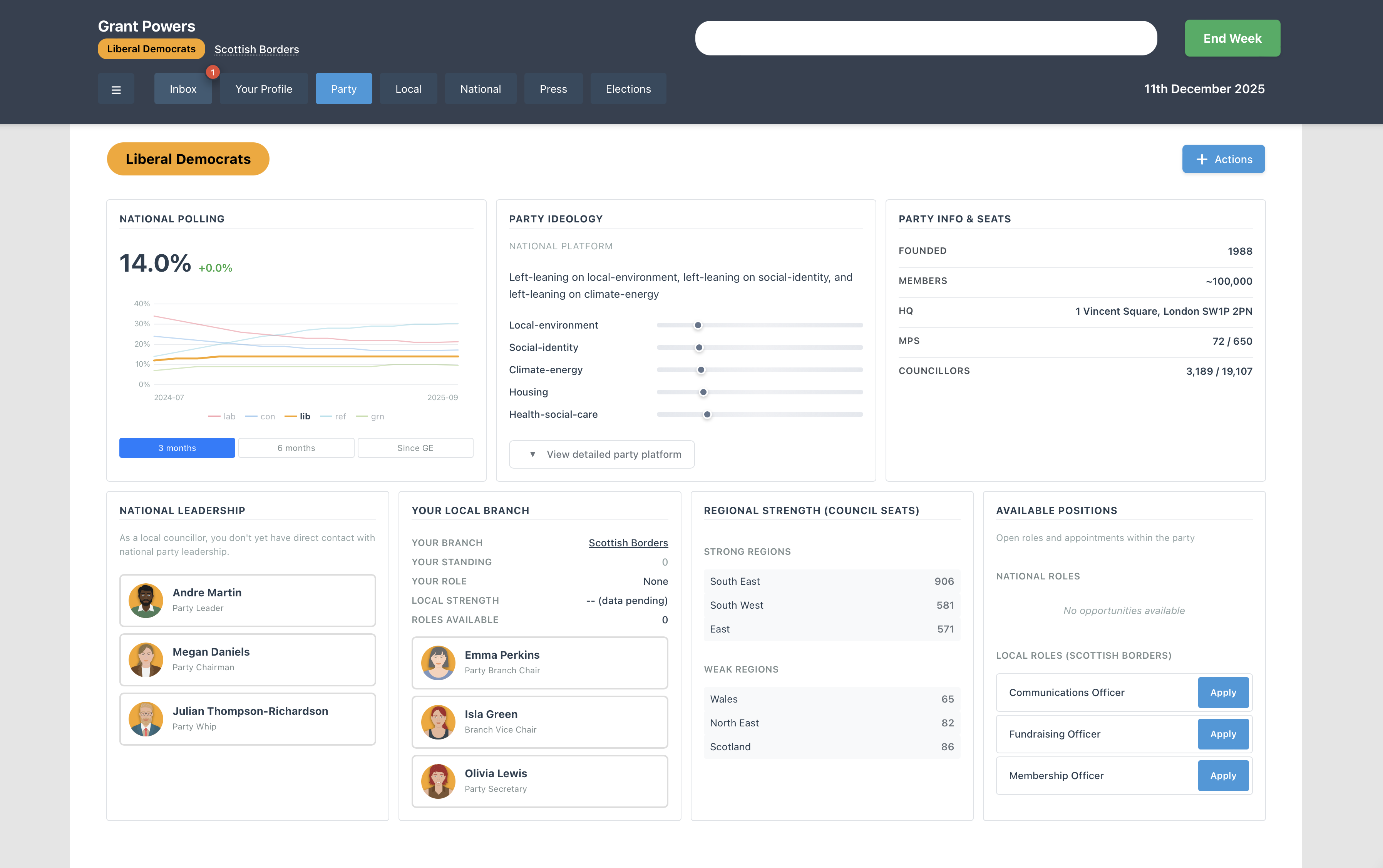 UK Politics Simulator - Party management dashboard with polling and seats
